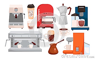 Coffee cups, machines and makers set, coffee shop collection of hot drink menu, equipment Vector Illustration