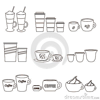 Coffee cups and mugs sizes variations outline icons set eps10 Vector Illustration