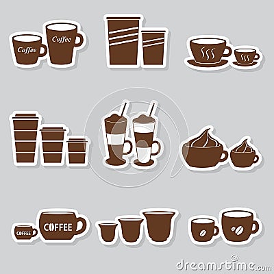 Coffee cups and mugs sizes variations stickers set Vector Illustration