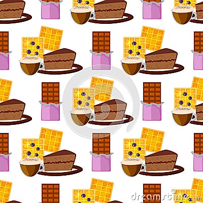 Coffee cups vector waffles seamless pattern background food drink design restaurant illustration. Vector Illustration