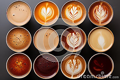 Coffee cups wallpaper seen from above with different textures and coffees from around the world Stock Photo