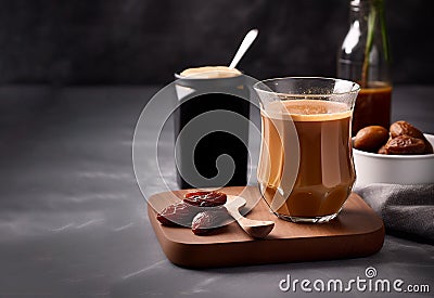 Coffee with date syrup and vegetable milk in glass beaker on gray background. Date syrup trendy. Close-up. Emty space Stock Photo