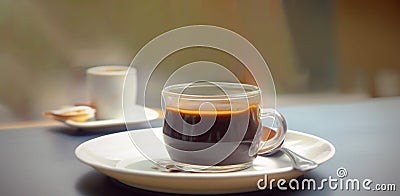 Coffee with date syrup and vegetable milk in glass beaker on gray table. Date syrup trendy. Close-up. Emty space Stock Photo