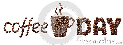 Coffee Day creative banner. Cup made of coffee beans and text Stock Photo