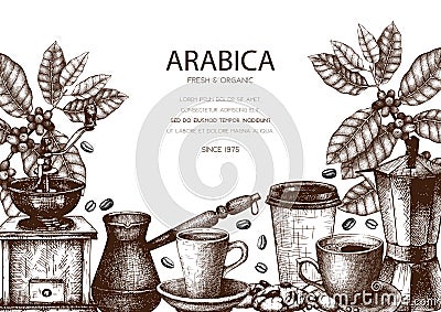 Vector design with ink hand drawn coffee illustrations. Arabica plant with leaves and fruits sketch. Vintage template for cafe or Cartoon Illustration