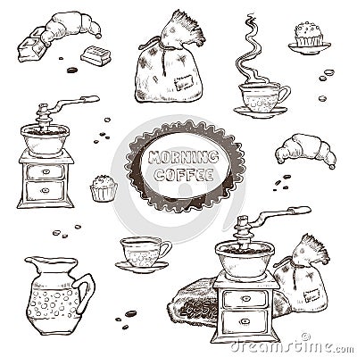 Coffee and dessert vector set illustration. Food elements isolated on white background. Grinder, cup, muffins, chocolate Vector Illustration