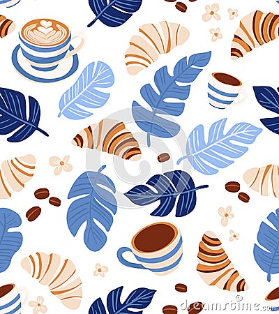 Coffee Desserts croissant Seamless Pattern. Tropical Theme Vector Illustration