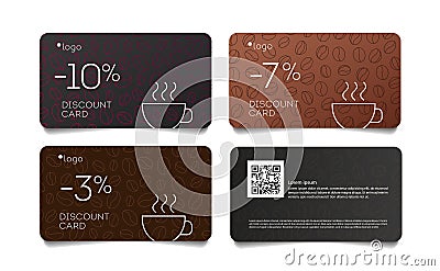 Coffee discount coupon voucher cards with line coffee beans pattern and cup, set of cards front and back Vector Illustration