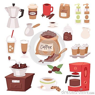 Coffee drink cartoon pot devices and morning beverage coffeemaker espresso cup, desserts coffeine product vector Vector Illustration