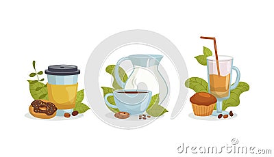 Coffee drink in cup collection set, vector illustration. Hot beverage in mug, latte, espresso, flat delicious chocolate Vector Illustration