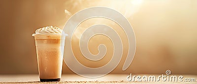 a coffee drink on a wooden table with a light background Stock Photo