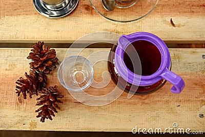 Coffee drinks served on wooden tables Stock Photo