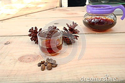 Coffee drinks served on wooden tables Stock Photo