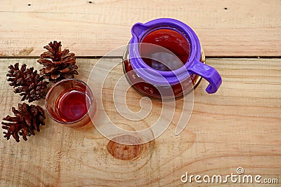 Coffee drinks served on wooden tables Stock Photo
