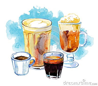 Coffee drinks watercolor illustration. Hand drawn sketch compositionwith four cups of different drinks and blue stain Cartoon Illustration