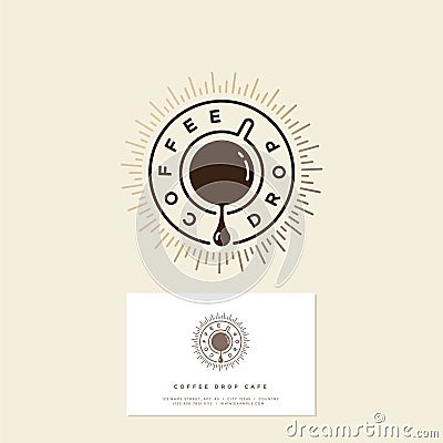 Coffee drop cafe logo. Coffee emblem. Coffee drop and a cup of coffee with gold sunrays. Vector Illustration