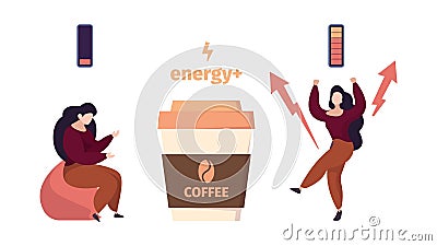 Coffee energy. Woman before and after drinking hot drink. Active life position, tired female vector character Vector Illustration