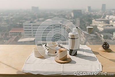 Coffee equipment set of manual hand grinding and pressing tools. Stock Photo