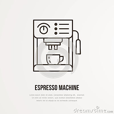 Coffee espresso machine vector flat line icon. Barista equipment linear logo. Outline symbol for cafe, bar, shop Vector Illustration