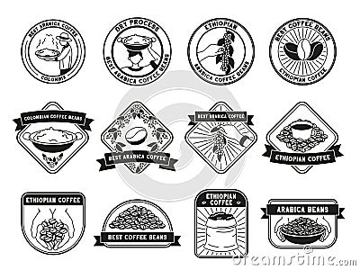 Coffee farm badges. Ethiopian arabica, hand-picked beans and farmers vector labels set Stock Photo