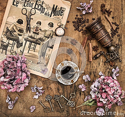 Coffee flowers Vintage items fashion magazine Nostalgic still li Editorial Stock Photo