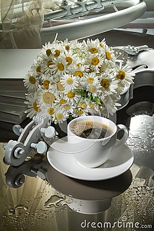 Coffee, Flowers And Violin Stock Photo