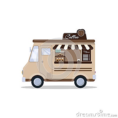 Coffee food truck isolated on white background. Fast food truck in cartoon style Vector Illustration