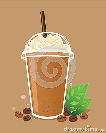 Coffee frappe with whipped cream in take a way cup. Vector Illustration