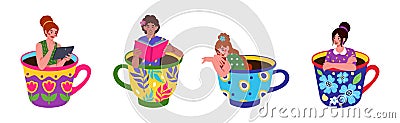 Coffee girls. Woman sitting and lying in tea cup, cute giant beautiful women relax, people drinking hot beverages Vector Illustration