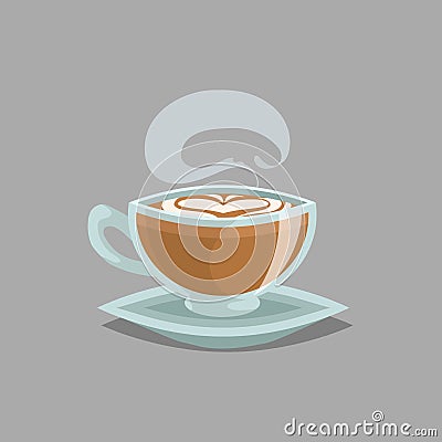 Coffee glass cup with flat white coffee and steam. Milk cream foam in top and heart draw. Cartoon retro style. Vector illustration Vector Illustration