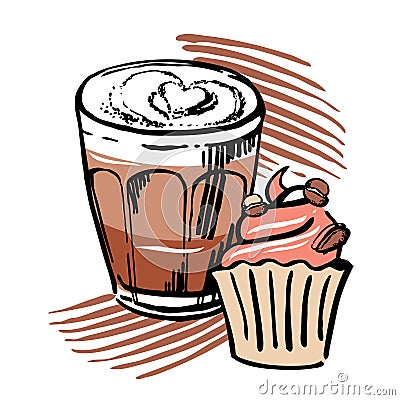 Coffee glass and cupcake. Outline hand drawn stylized sletch vector illustration Vector Illustration