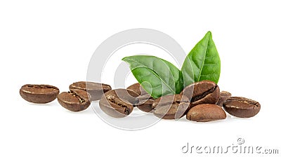 Coffee grains with leaves isolated Stock Photo