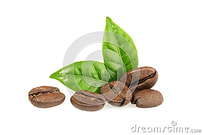 Coffee grains with leaves isolated Stock Photo