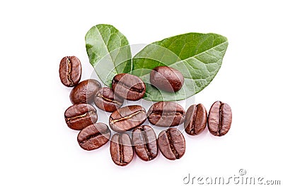 Coffee grains and leaves on white background Stock Photo