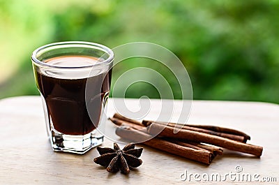 Coffee grass and spices on wooden tray. Stock Photo