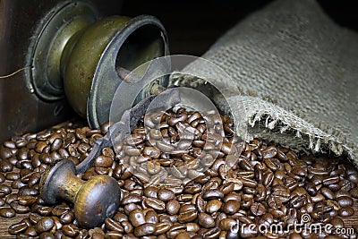 Coffee grinder with and coffee beans. Stock Photo