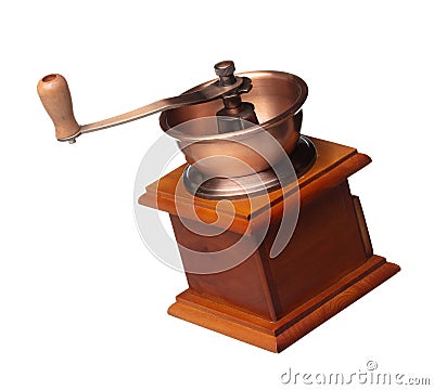 Coffee Grinder fly float in air, vintage Coffee mill for coffee bean to crush into ground powder over White background Isolated Stock Photo