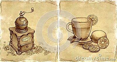 Coffee grinder and glass cup of tea with lemon Stock Photo