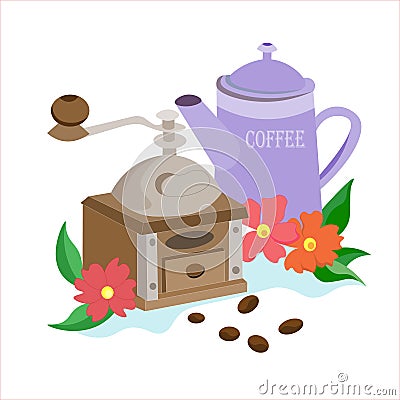 coffee grinder and kettle with red flowers and leaves. Coffee pot and mill. Vector, set for making Vector Illustration