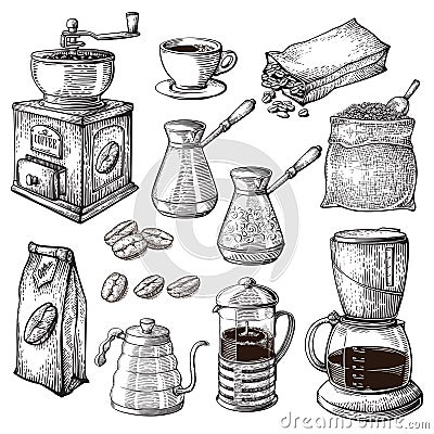 Coffee Hand Drawn Collection. Sketch Illustration Set With Turk Cups Bag With Beans Maker Kettle Cups Latte Cinnamon Vector Illustration