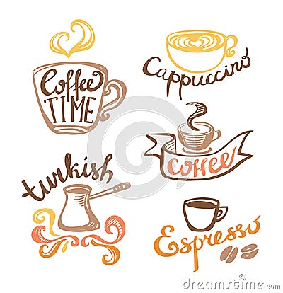 Coffee hand drawn Labels. Vector Illustration