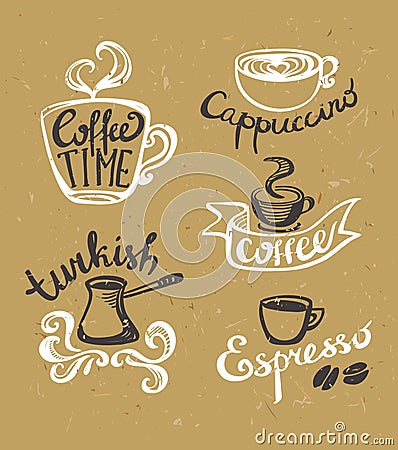 Coffee hand drawn Labels. Logo template collection. Vector Illustration