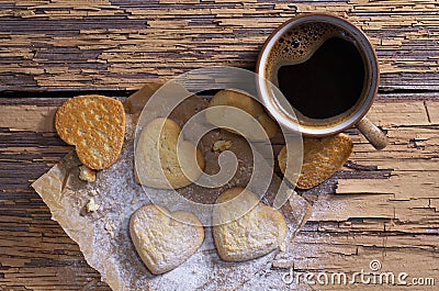 Coffee and heart shaped cookies Stock Photo