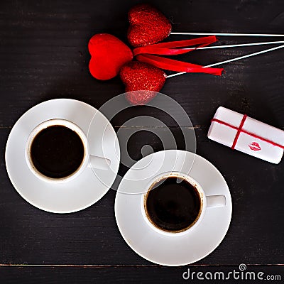 coffee and hearts, card on Valentine's Day, gift, flowers Stock Photo