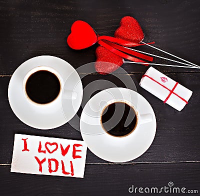 coffee and hearts, card on Valentine's Day, gift, flowers Stock Photo