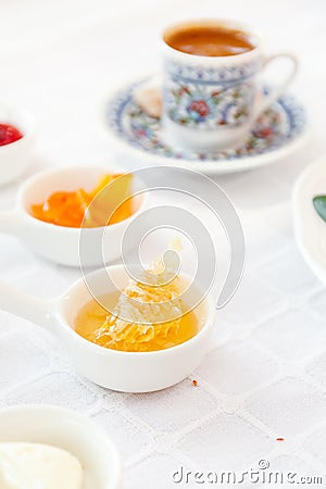 Coffee, Honey, Jam. Authentic turkish breakfast. Local cuisine Stock Photo