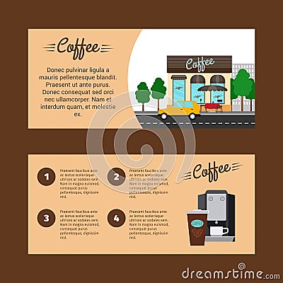 Coffee horizontal flyers with shop building Vector Illustration