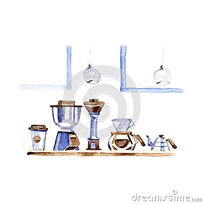 Coffee house aromatic food in a watercolor style isolated. Full name of the food: coffee grinder, coffee, coffeepot Stock Photo