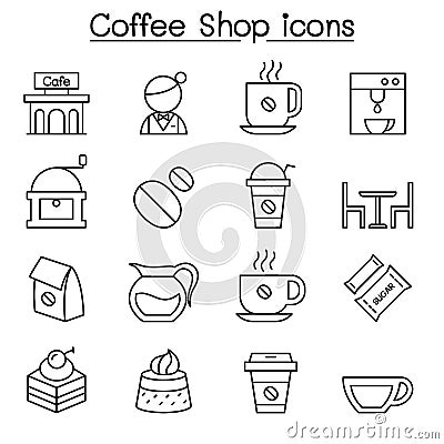 Coffee icon set in thin line style Vector Illustration