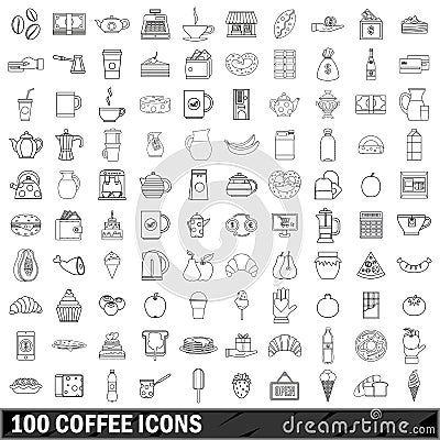 100 coffee icons set, outline style Vector Illustration